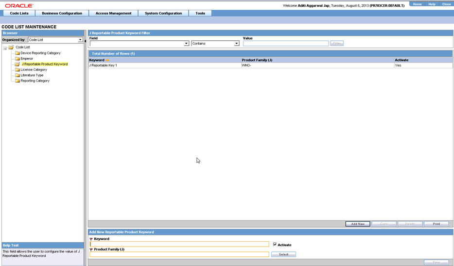 J Reportable Product Keyword Code List screen