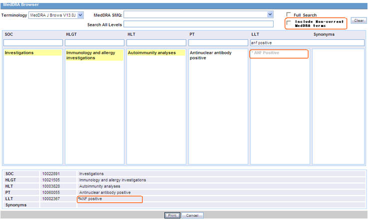 Case Form - MedDRA browser with Noncurrent terms option