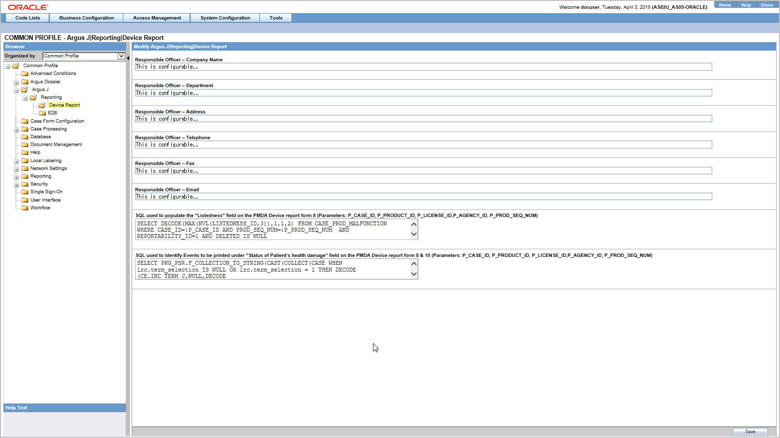 Device Report Common Profile Switches screen