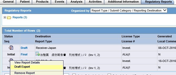 Regulatory Reports tab, Draft Export dorp-down menu