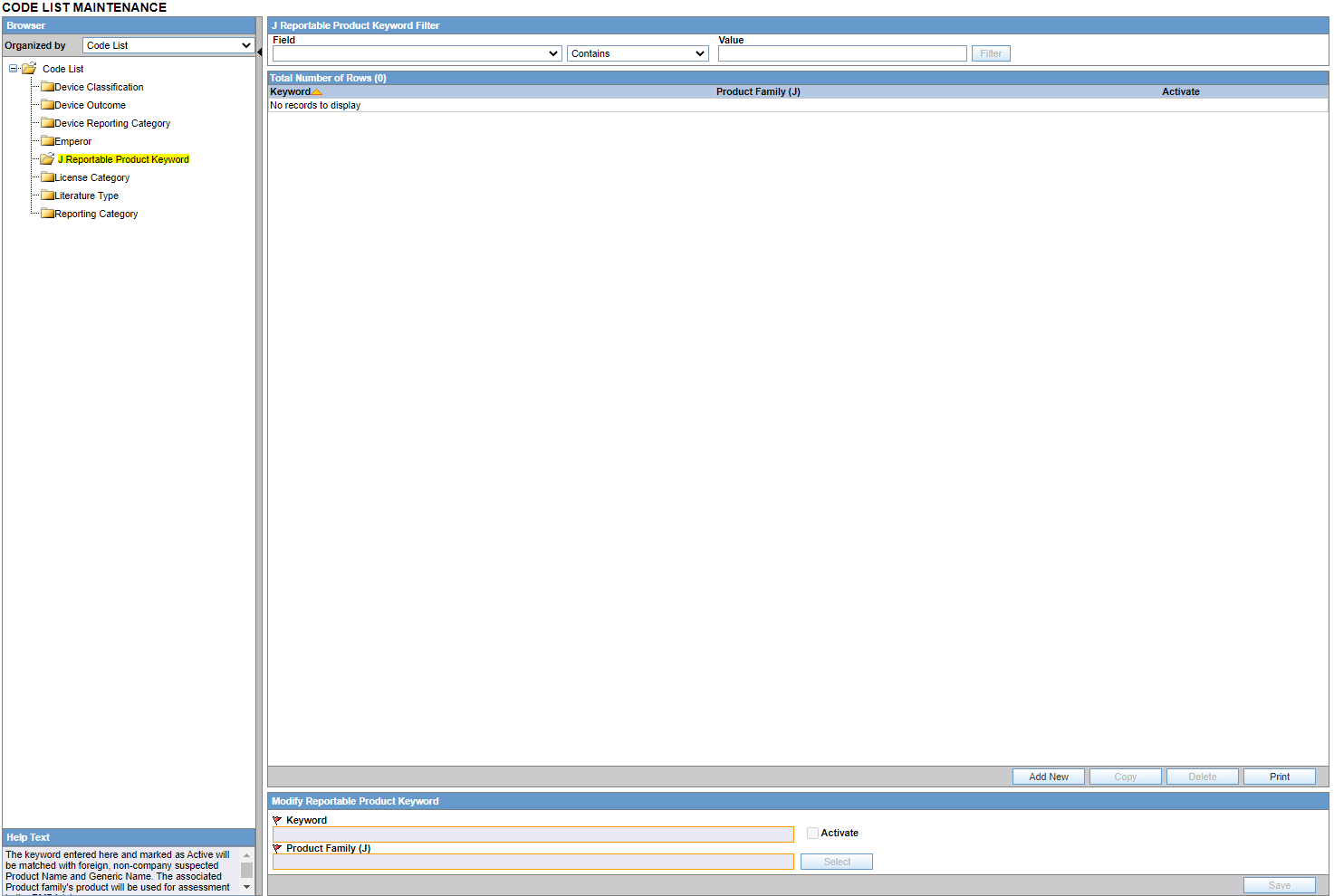 J Reportable Product Keyword Code List screen