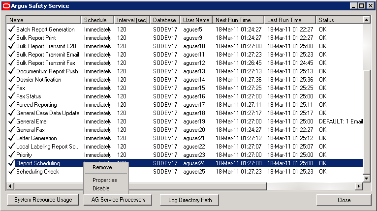 Oracle Argus Safety Service dialog box