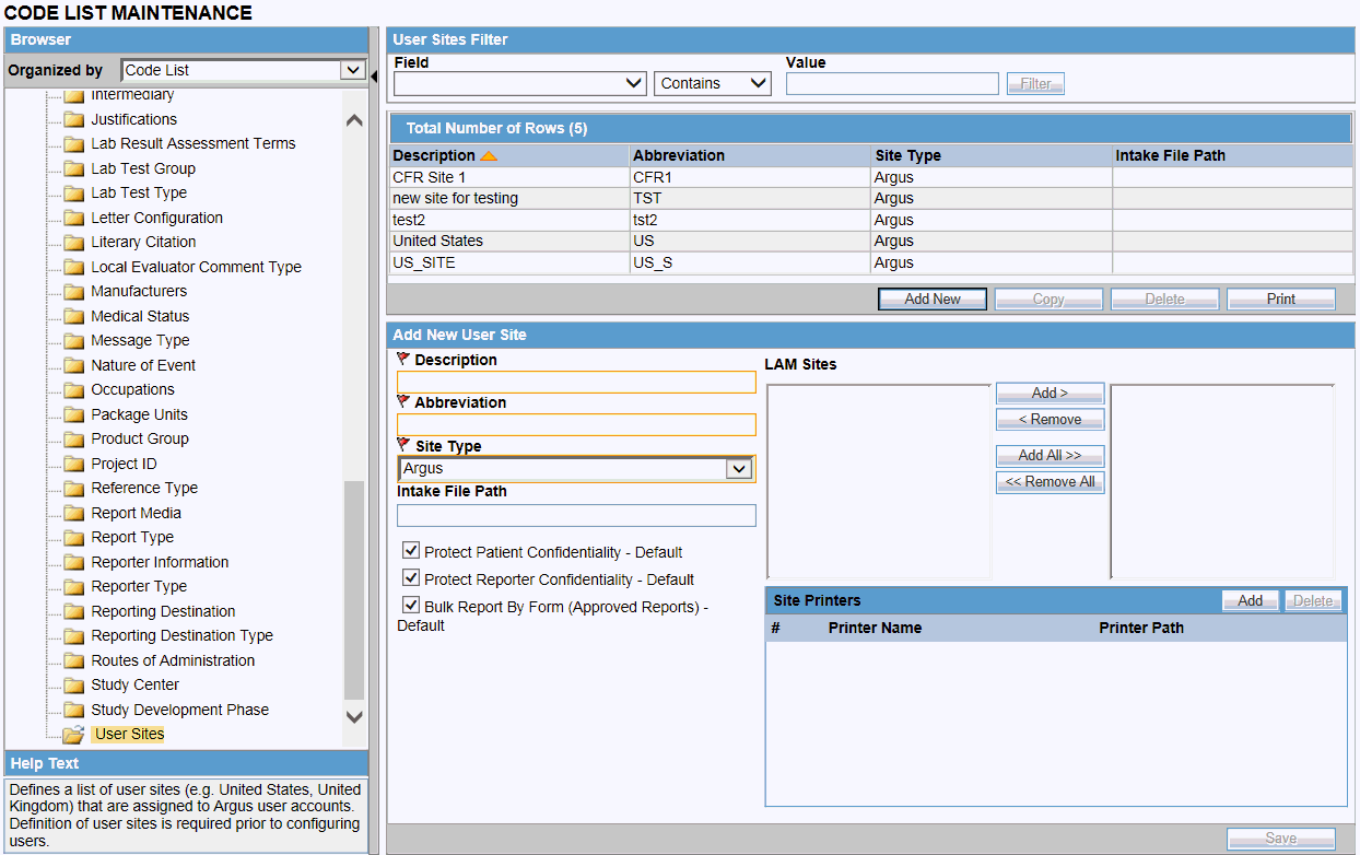 Code List Maintenance screen