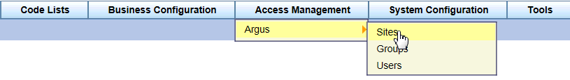 Access Management, Sites drop-down menu