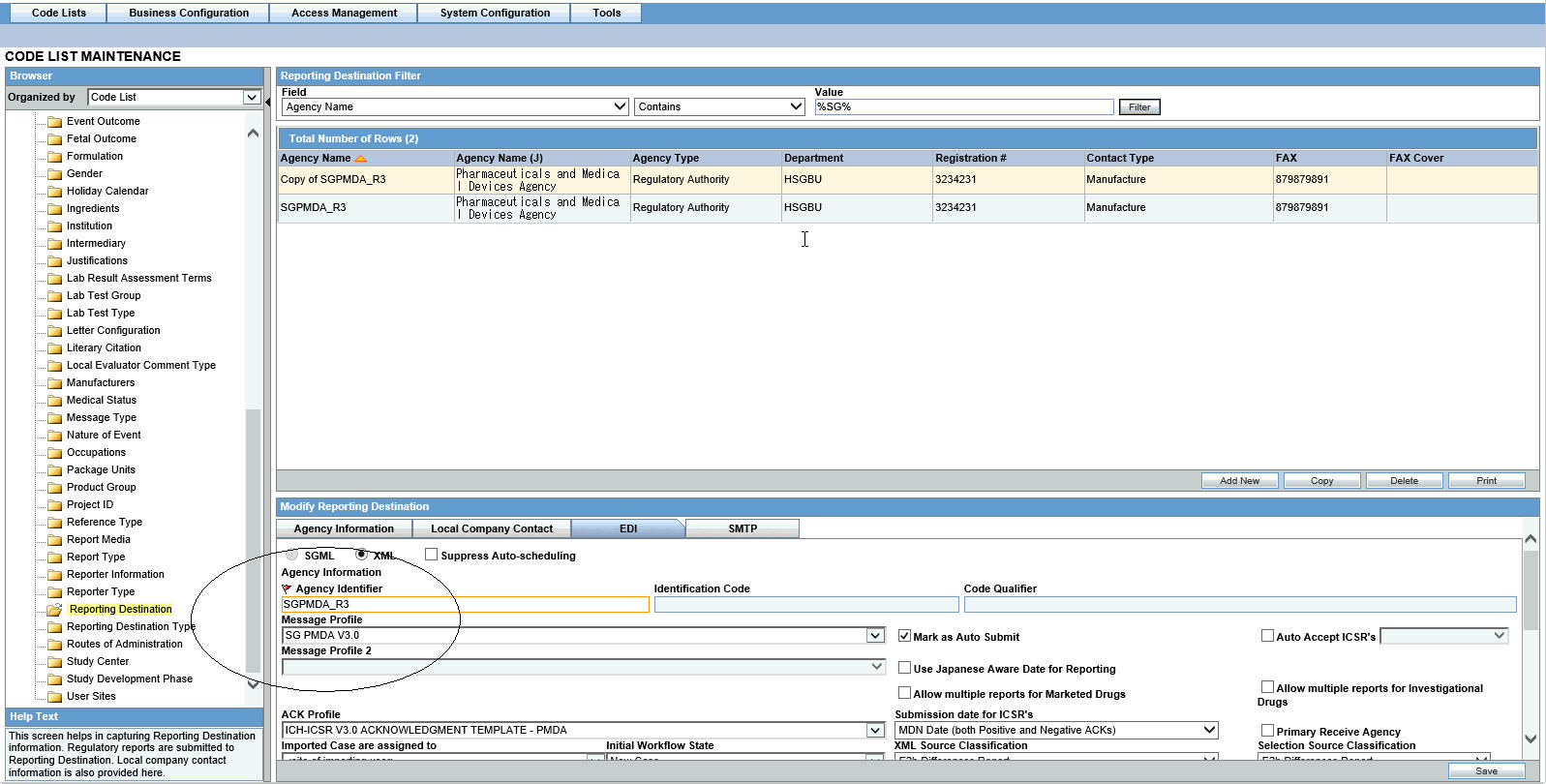 Modify Reporting Destination screen