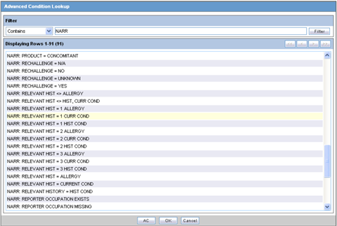 Advanced Conditions Lookup screen