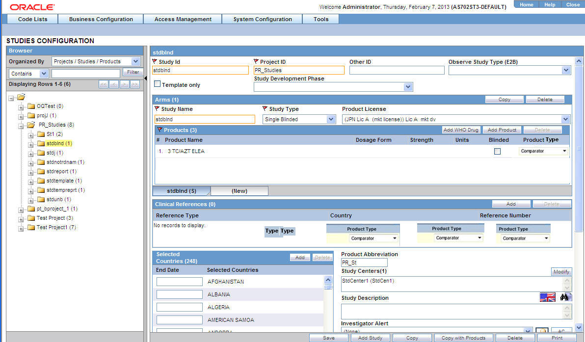 Study Configuration screen