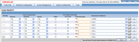 Configure Case Priority screen