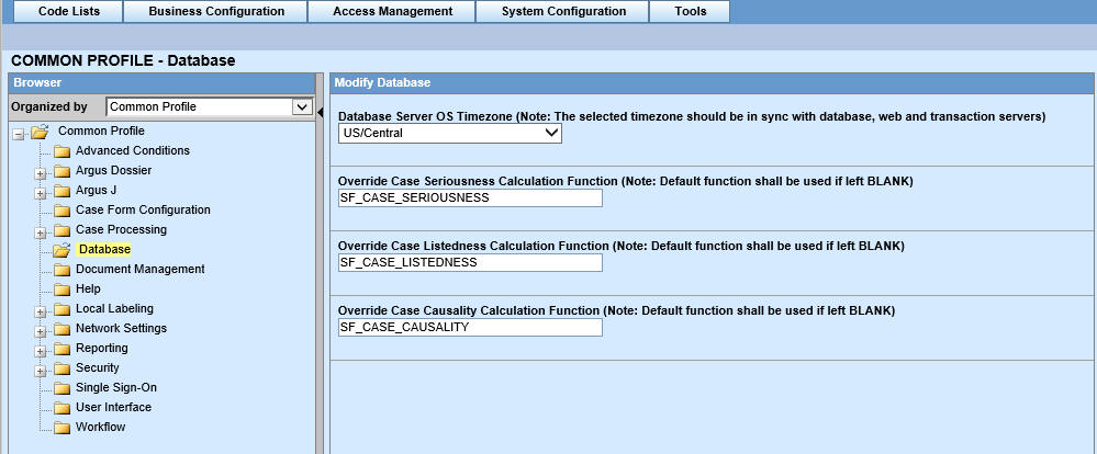 Configure Database screen