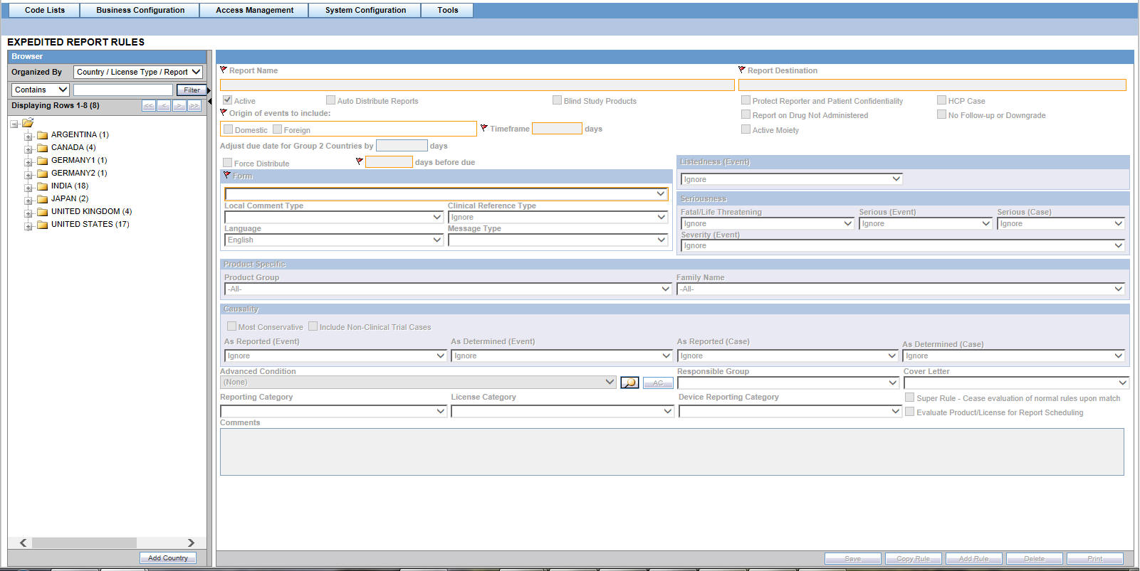 Configure Expedited Report Rules screen