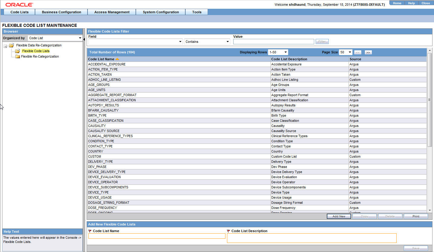 Flexible Data Re-Categorization codelist screen