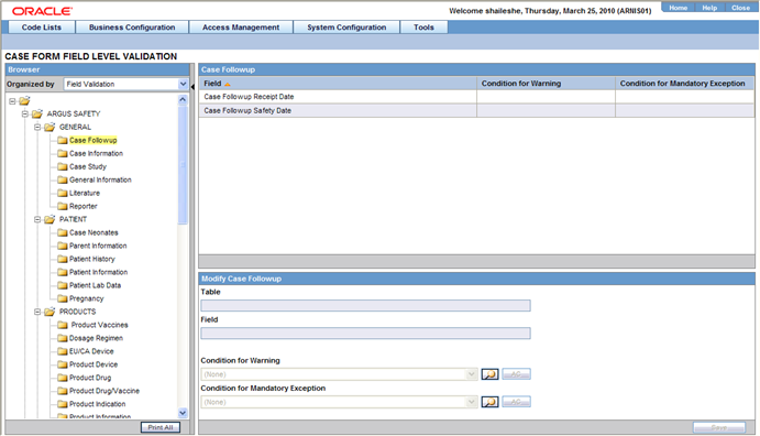 Configure Field Validations screen