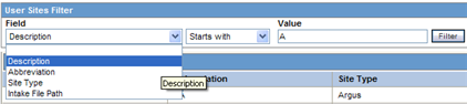 User Sites filter options