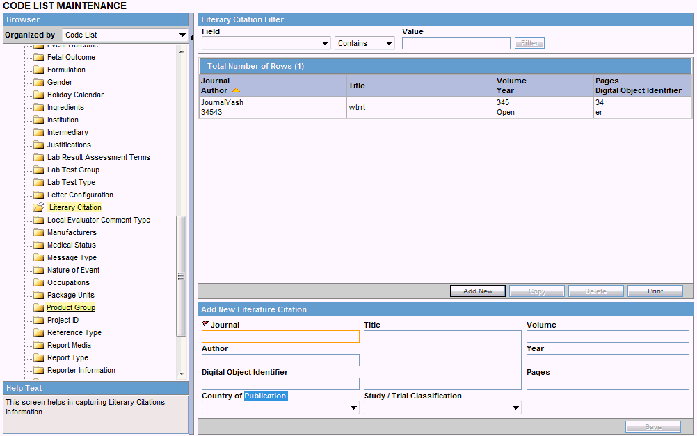 Configure Literary Citations screen