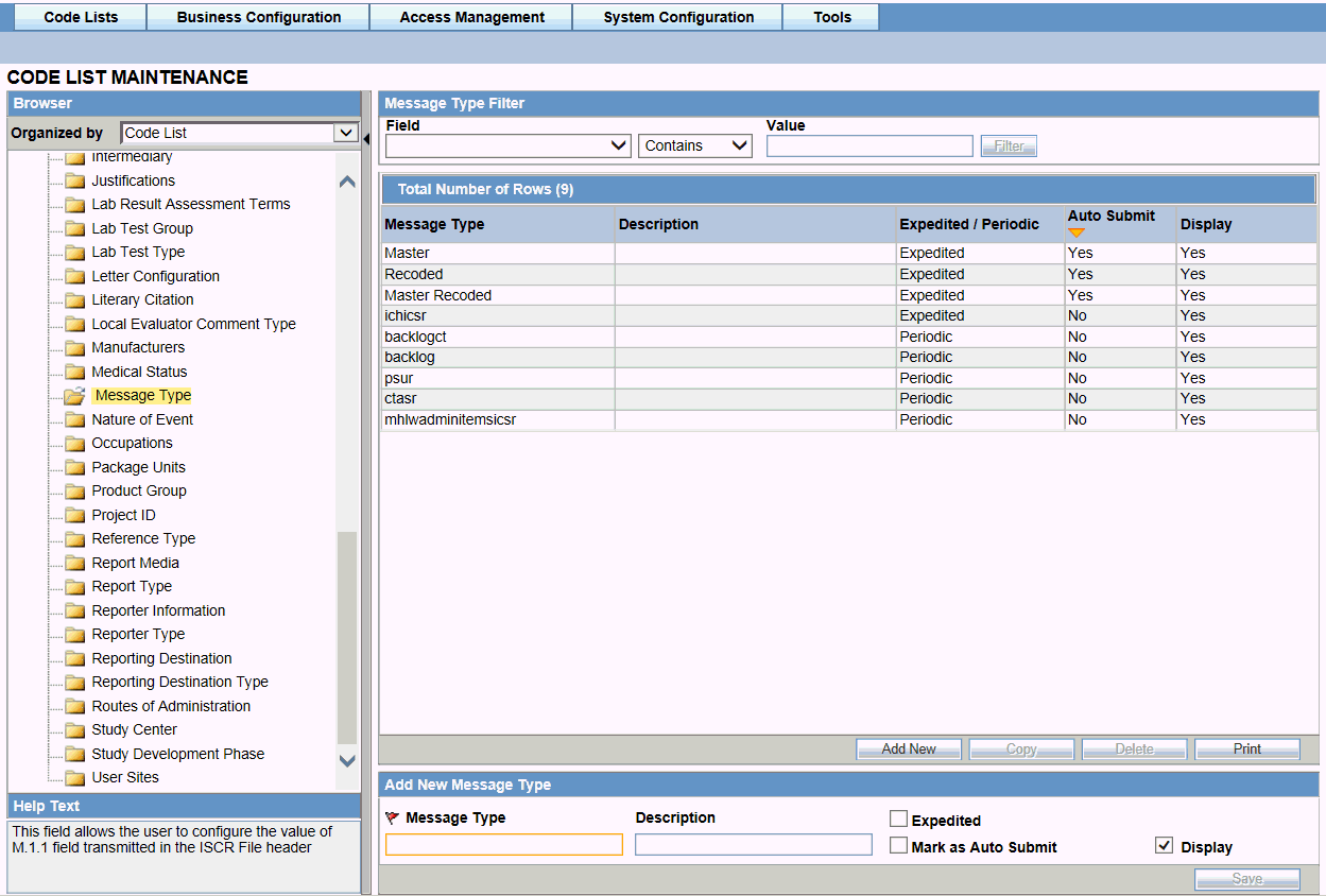 Configure Message Type screen