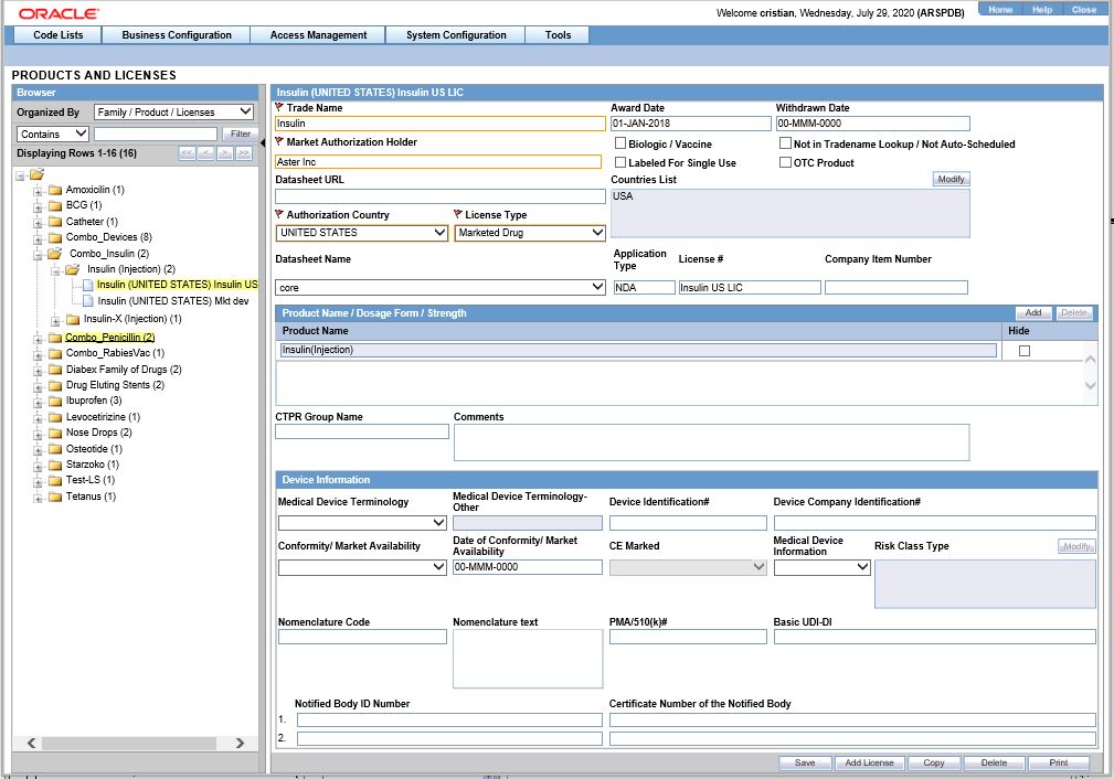 Products and Licenses screen