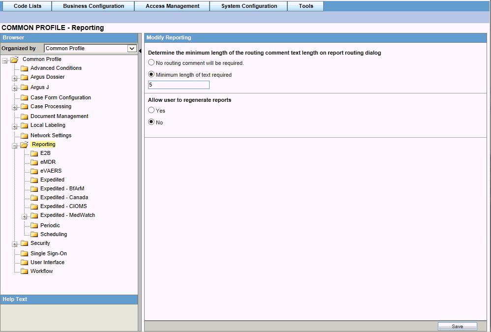 Configure Reporting screen