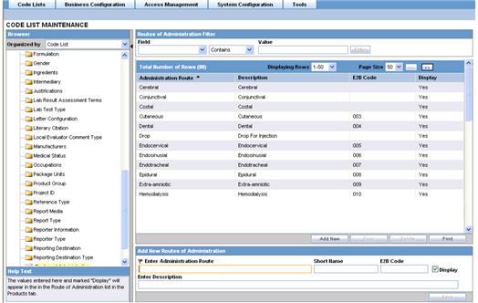 Configure Routes of Administration screen