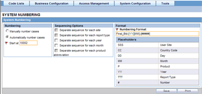 Configure Systme Numbering screen