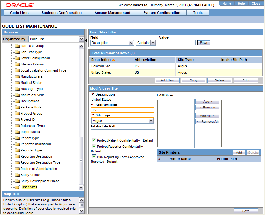 User Site Updates and Access Management screen