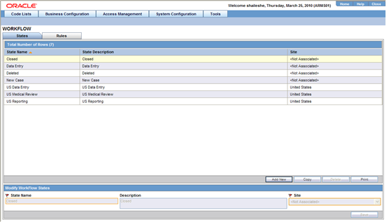 Configuring Workflow States screen