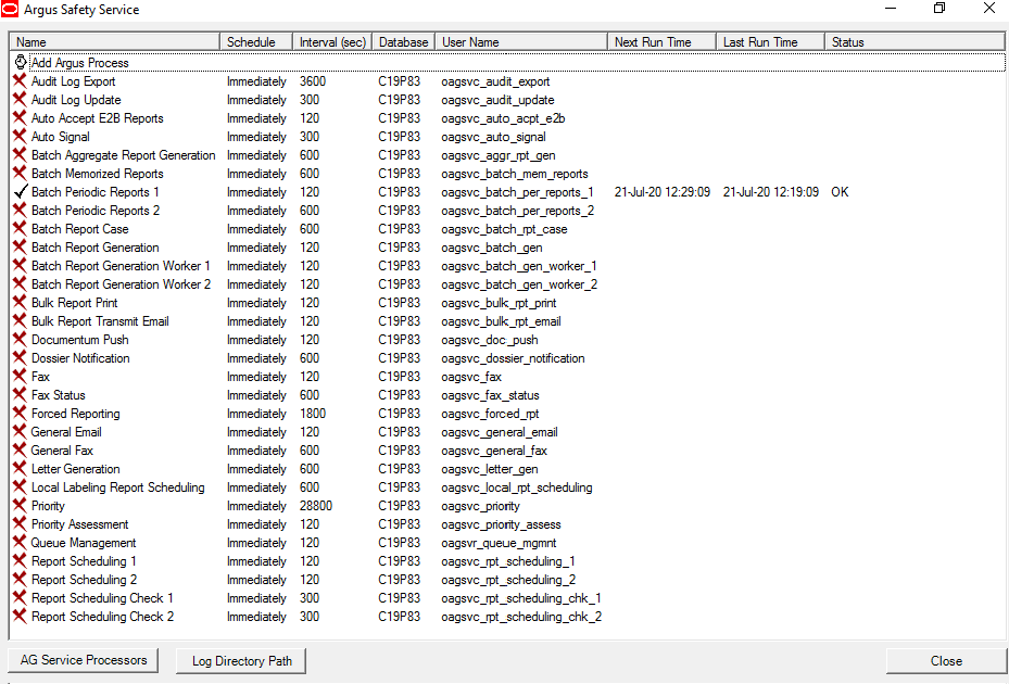 Oracle Argus Safety Service dialog box