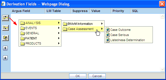 The Derivation Fields dialog box