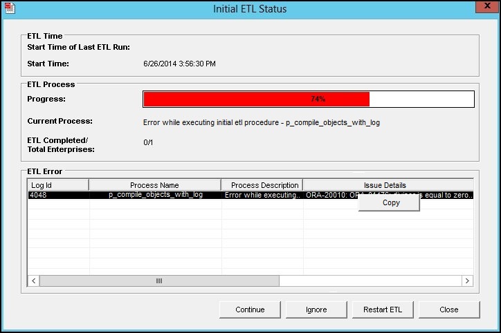 The Initial ETL Status dialog box during error.