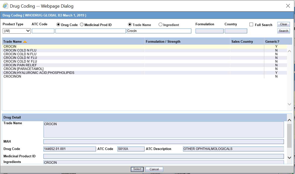 Drug Coding dialog