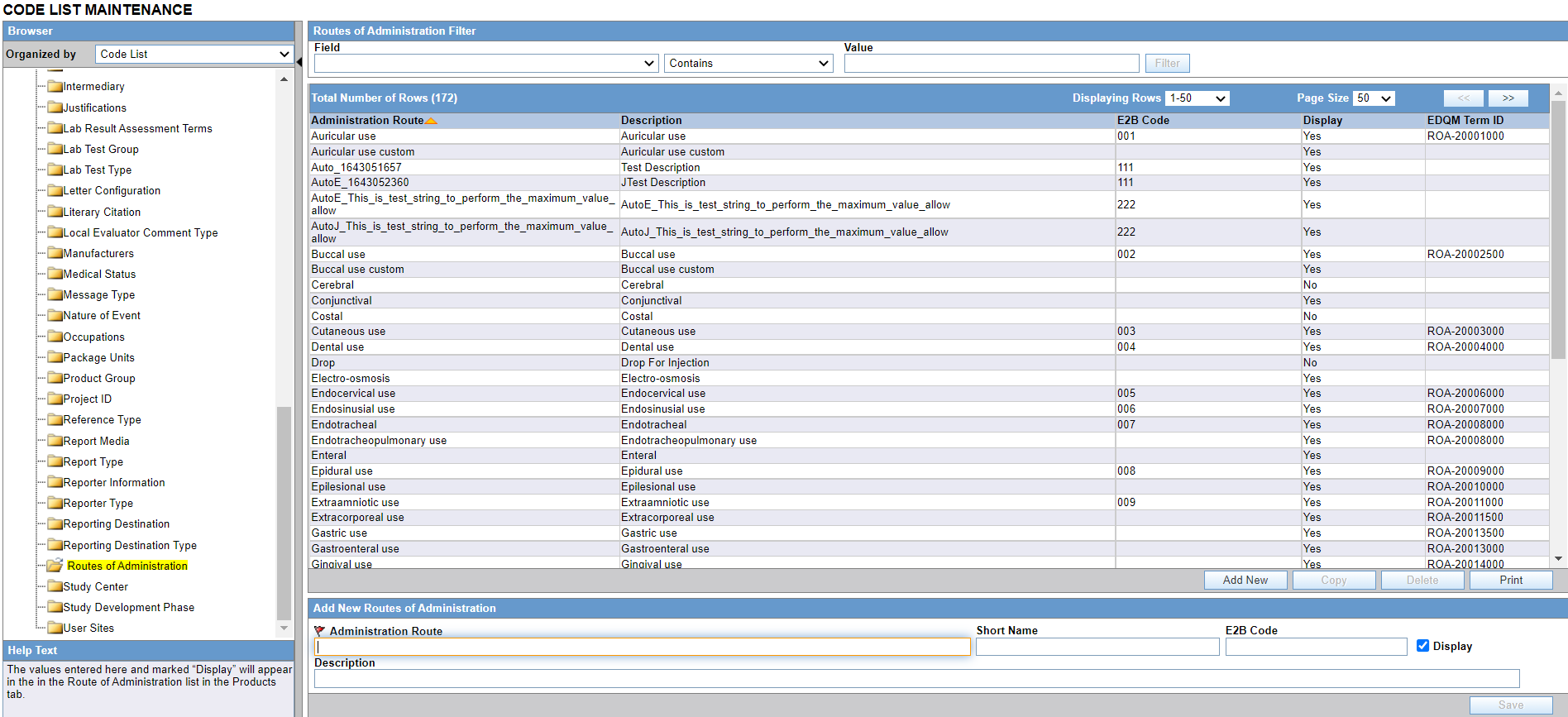 Configure Routes of Administration screen