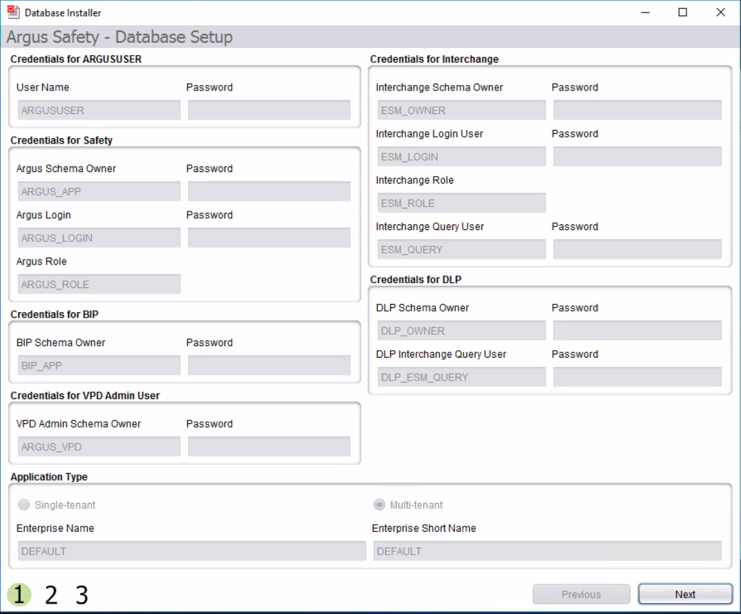 The Argus Safety - Database Setup screen