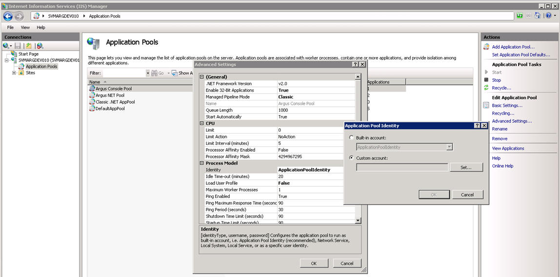 Configure Application Pools screen