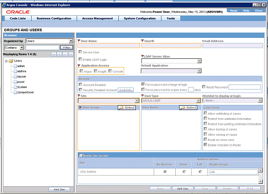 Groups and Users screen