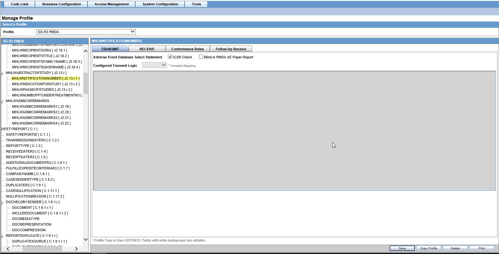Transmit Profile screen