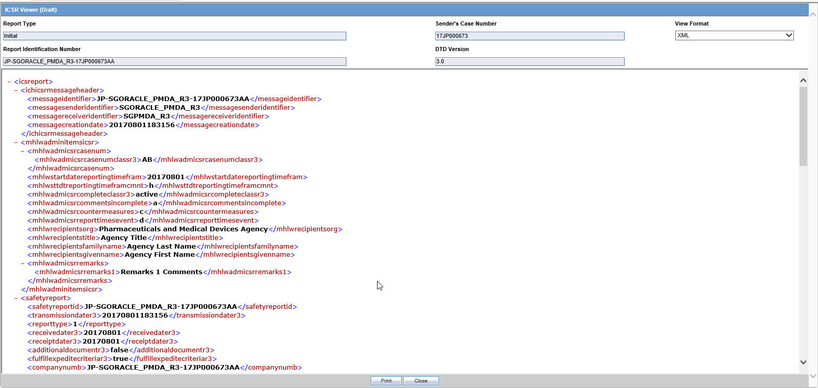 ICSR Viewer (Draft) screen
