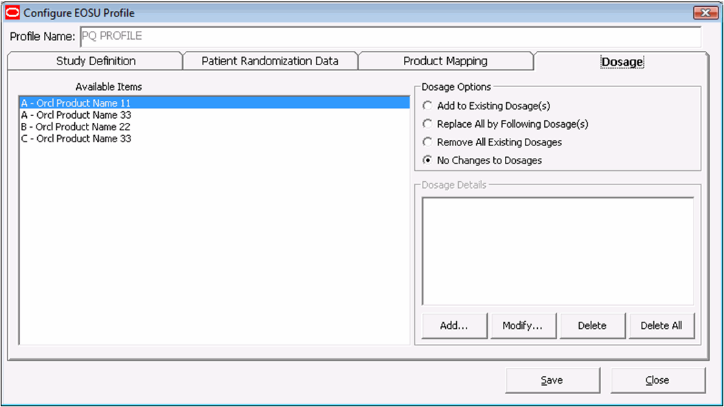 Configure EOSU Profile > Dosage tab