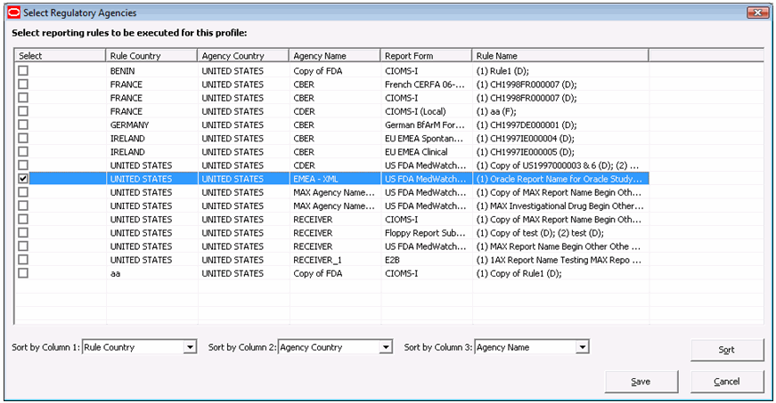 Select Regulatory Agencies dialog box