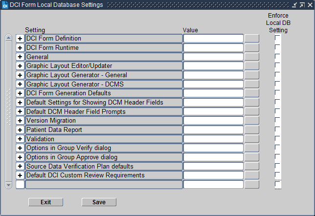 DCI Form Local Database Settings Window