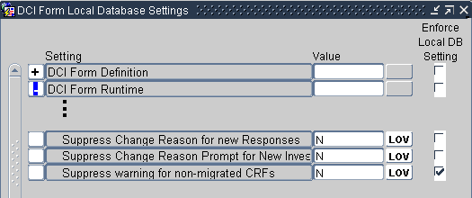 DCI Form Local Database Settings window