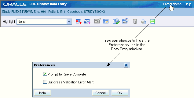 Preferences link in the Data Entry window