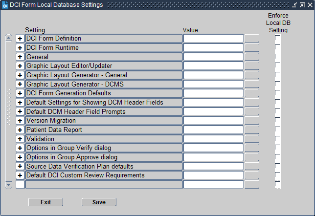 DCI Form Local Database Settings Window DCI Form Local Database Settings Window