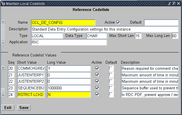 Reference Codelists window