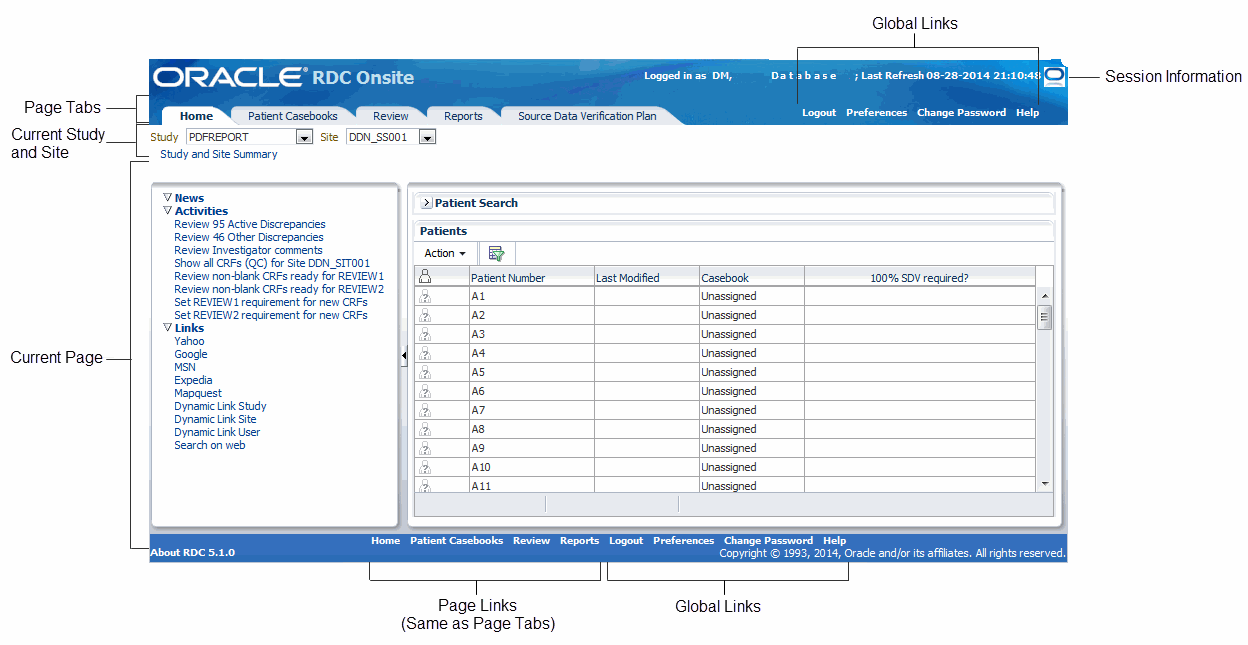 Major Parts of a Page in RDC Onsite