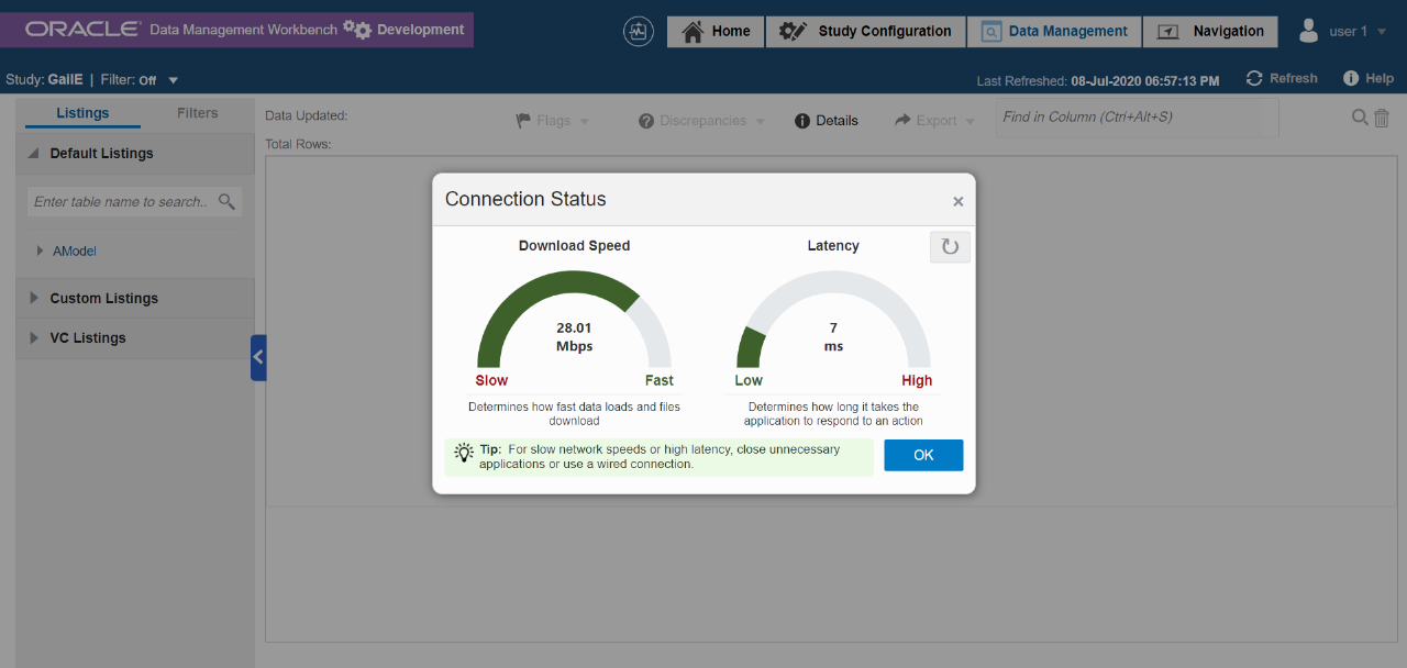 Shows download speed and latency