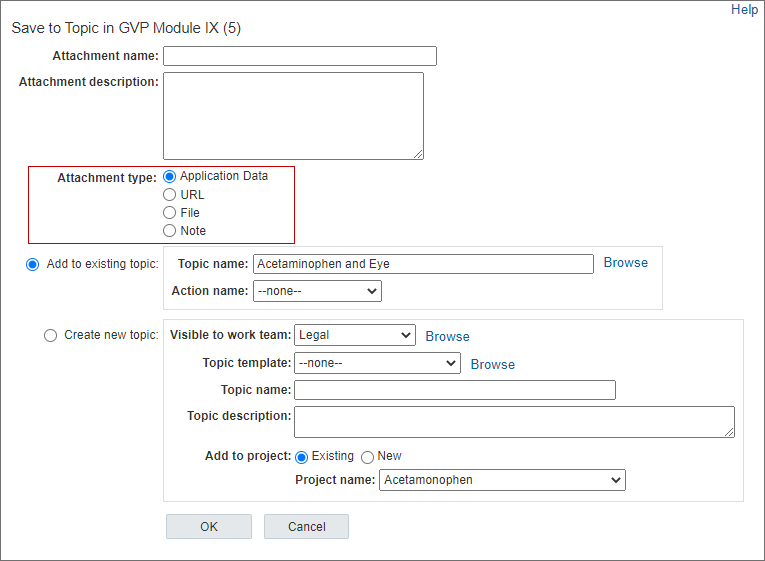 Save to Topic dialog box with different attachment types