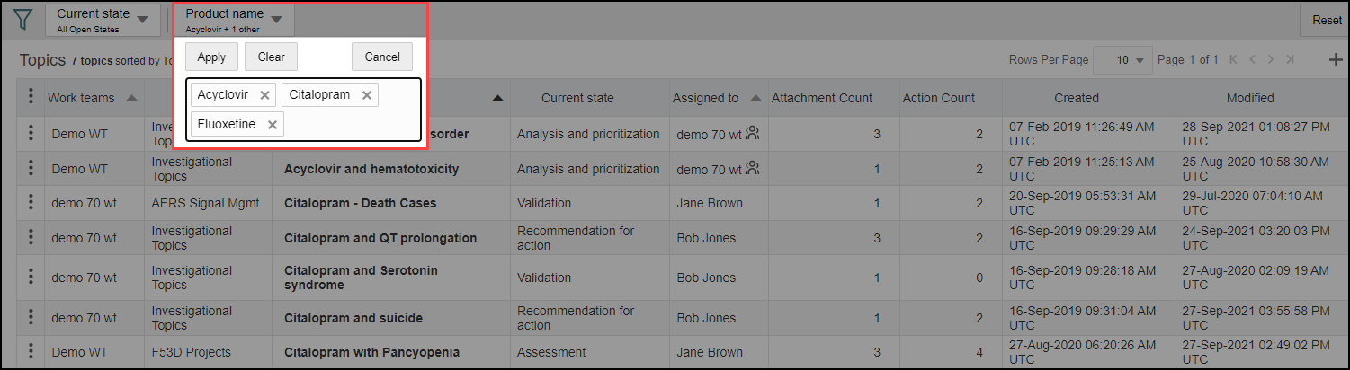 Topics tab table filter