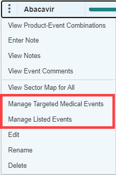 Manage listed or targeted events from the Row Action menu