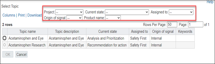Select Topic dialog box in Oracle Empirica Signal Select Topic dialog box in Oracle Empirica Signal
