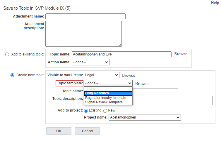 Save to Topic dialog box in Oracle Empirica Signal when topic templates are available to the user