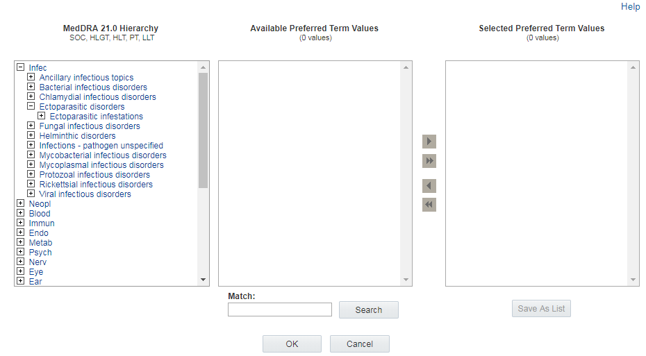 The section on the left of the Hierarchy Browser lists the terms at the highest, most general level of the hierarchy.